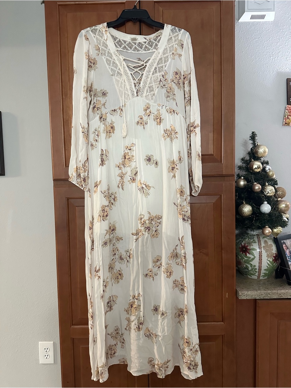 Ivory Lace-Up Maxi Dress with Brown Floral Print